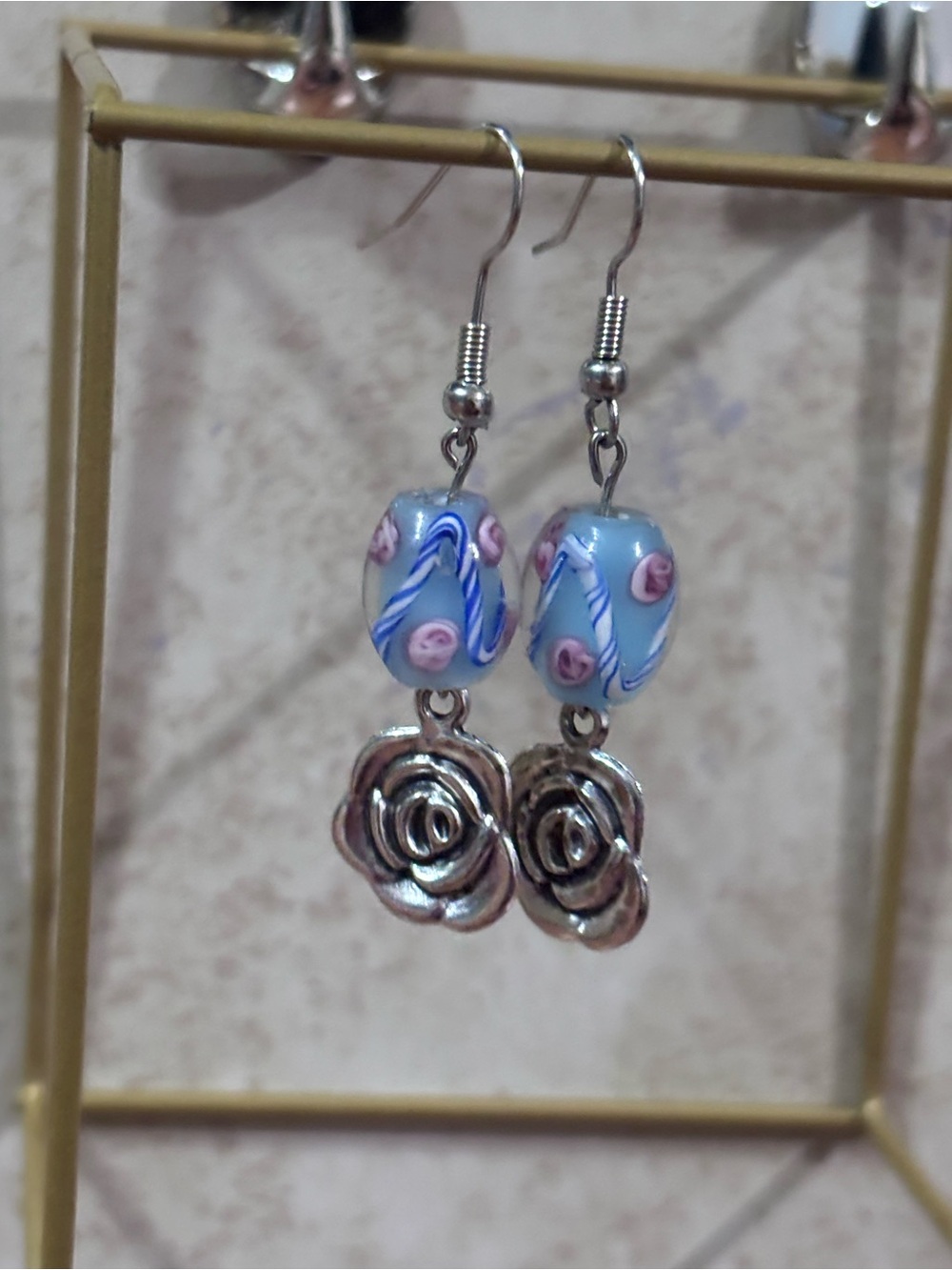 Handmade Blue Glass Bead & Silver Rose Drop Earrings